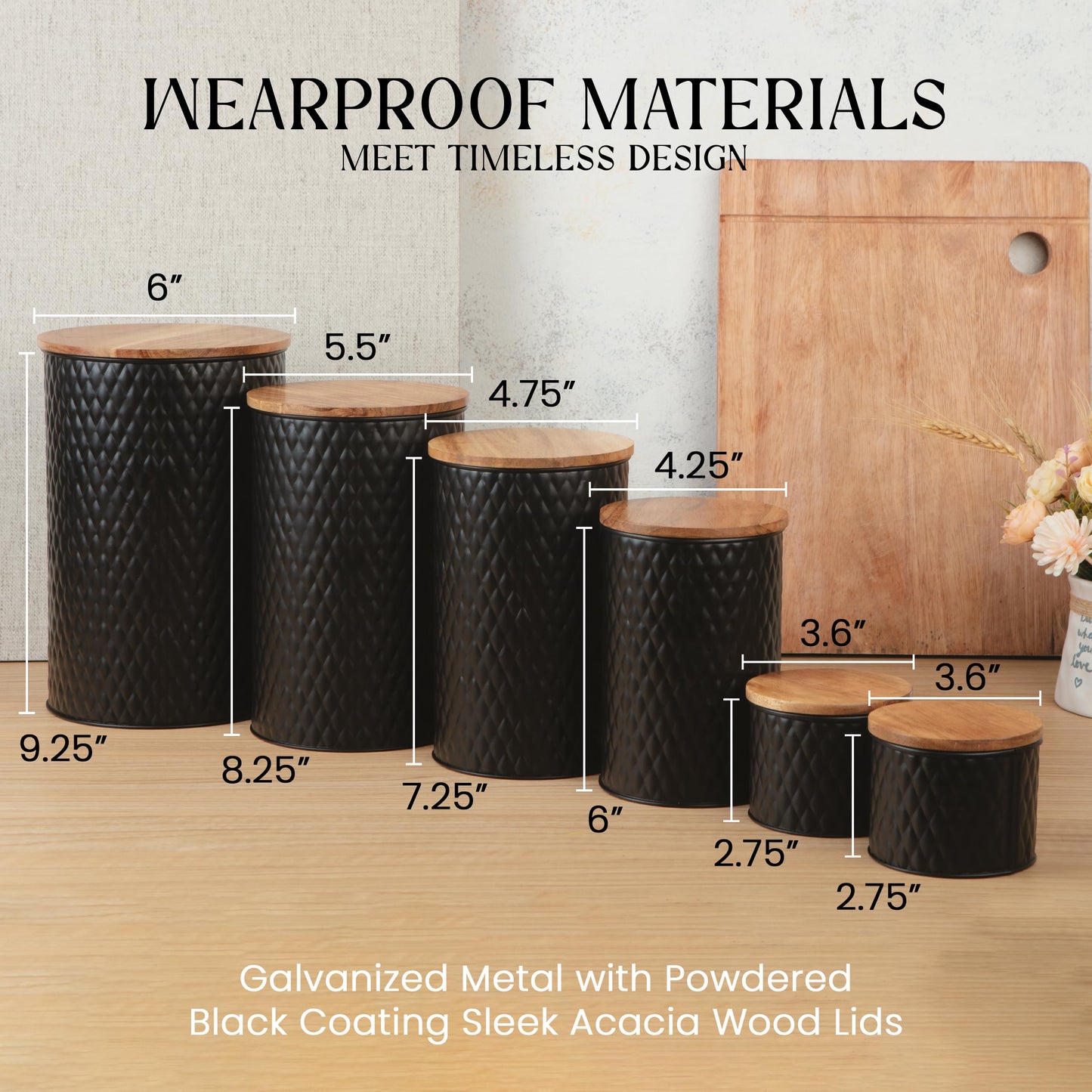 Alasitas 6 Canister Set for the Kitchen Countertop – Metal Food Storage Canisters with Airtight Lids for Flour, Tea, Crafts, Coffee, & Sugar – Container Set with Modern Wood Lids, Black