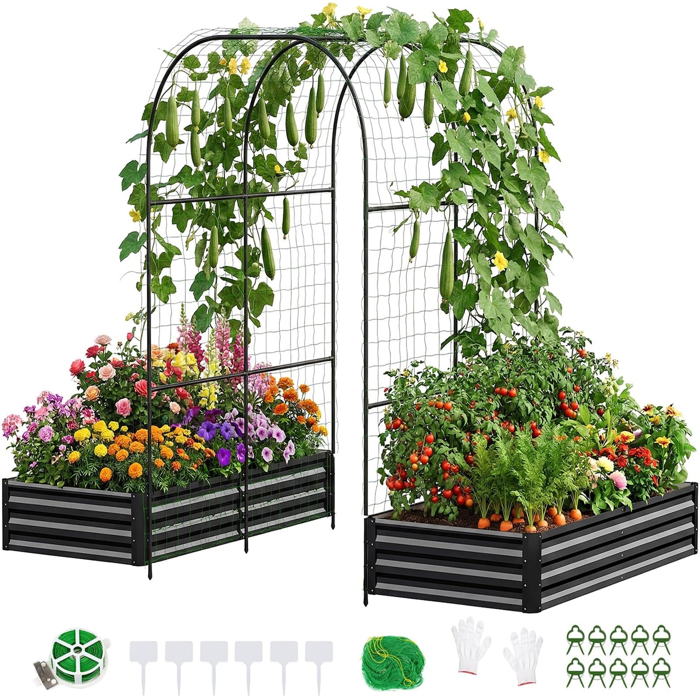 DoCred 3 in 1 Raised Garden Bed with 87in Tall Arch Trellis for Climbing Plants, Galvanized Planter Garden Box Outdoor for Gardening, Climbing Vegetables, Flower, Black