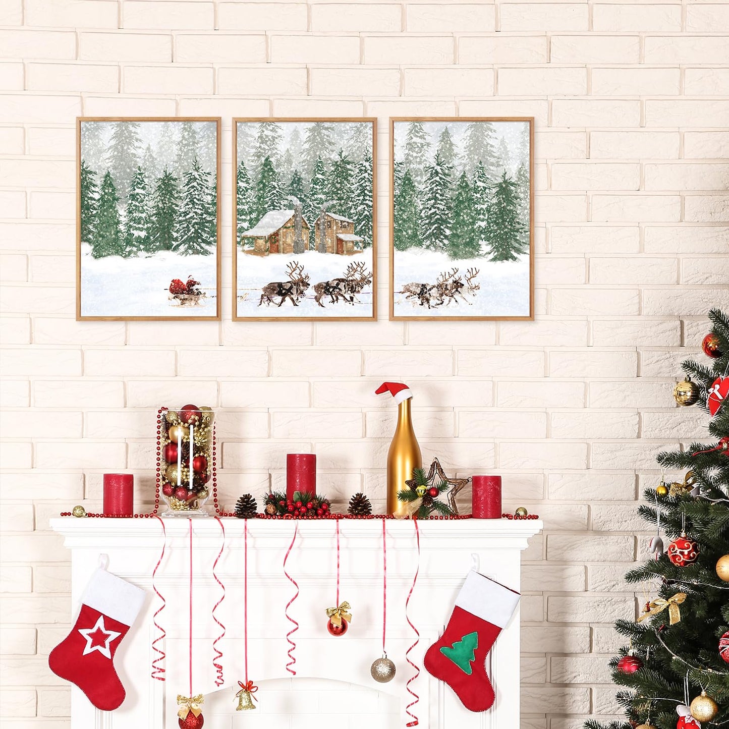 CHDITB Santa Claus Reindeer Sleigh Framed Canvas Wall Art(12"x16"), 3 Panels Christmas Winter Holiday Artwork Prints, Large Rustic Xmas Gift Snow Scene Forest Landscape Decor for Home Office Bedroom