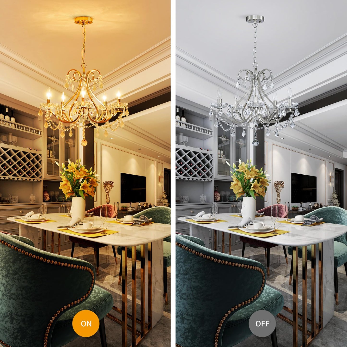 WUZUPS Crystal 5-Light Candle Chandelier Pendant Flushmount Ceiling Light Modern Lighting Fixture for Bedroom Hallway Bar Kitchen Bathroom, H 20.9" x W 21.7", Brushed Nickel, E12 Base