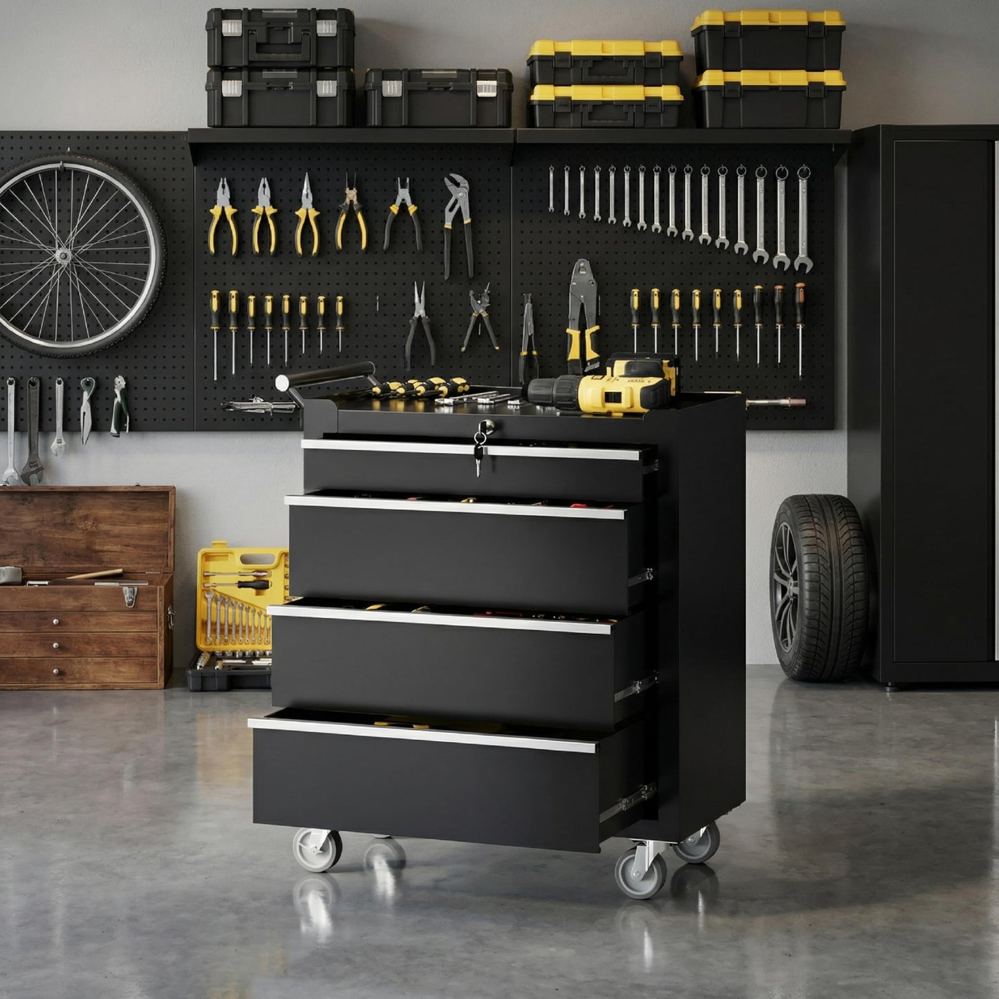 Rolling Tool Box with Wheels – 4 Drawer Heavy Duty Tool Chest Cabinet, Lockable Portable Storage Organizer with Drawer Liners, Mobile Mechanic Toolbox for Garage, Workshop, Shop, Easy Assembly, Black