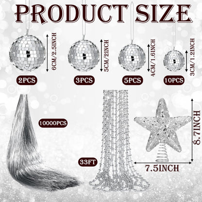 Thyle 10022 Pcs Disco Christmas Decor 20 Mirror Disco Balls 10000 Silver Tinsel Icicle Strands Glittered Star Tree Topper Ornaments 10 Meter Beaded for Christmas Party Supplies