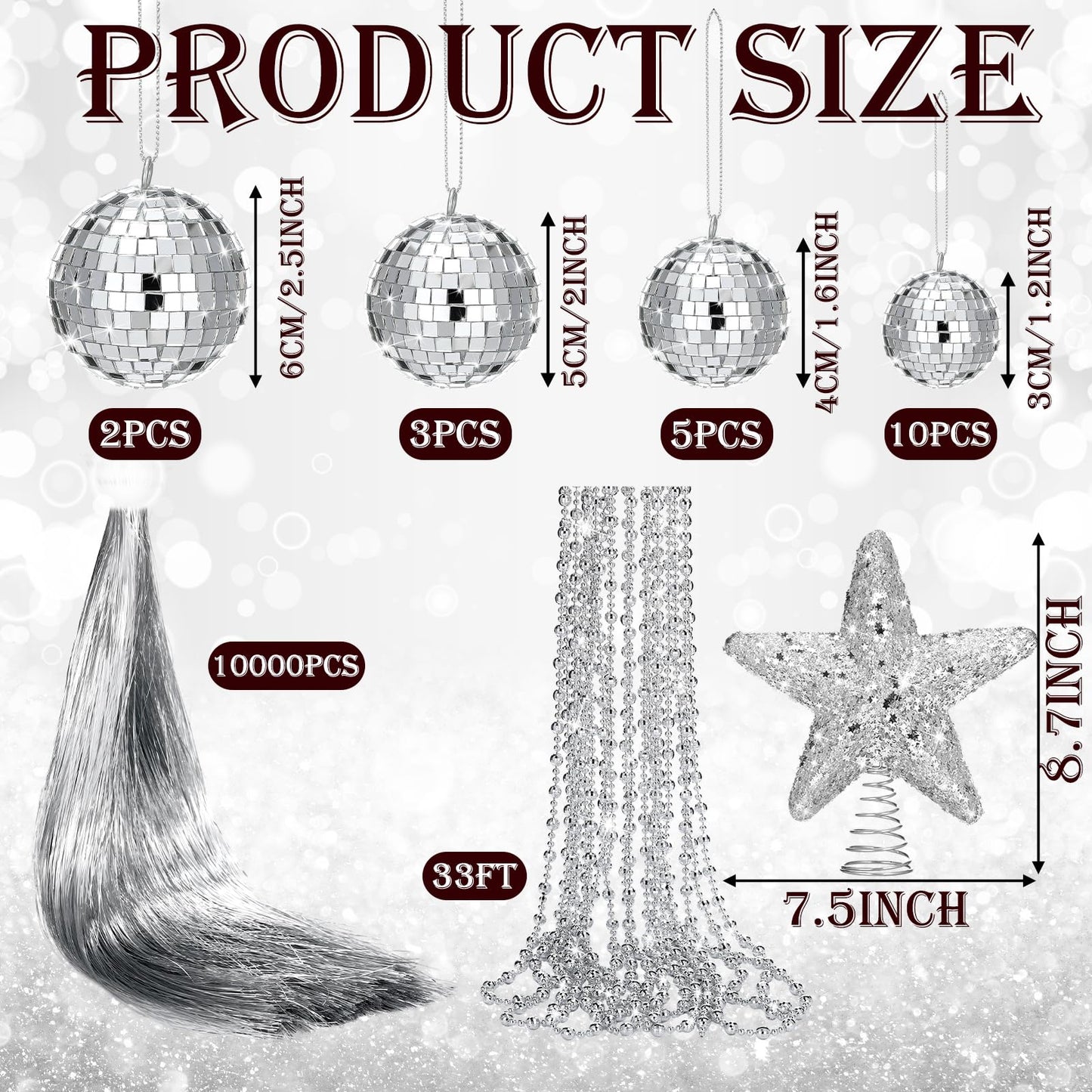Thyle 10022 Pcs Disco Christmas Decor 20 Mirror Disco Balls 10000 Silver Tinsel Icicle Strands Glittered Star Tree Topper Ornaments 10 Meter Beaded for Christmas Party Supplies