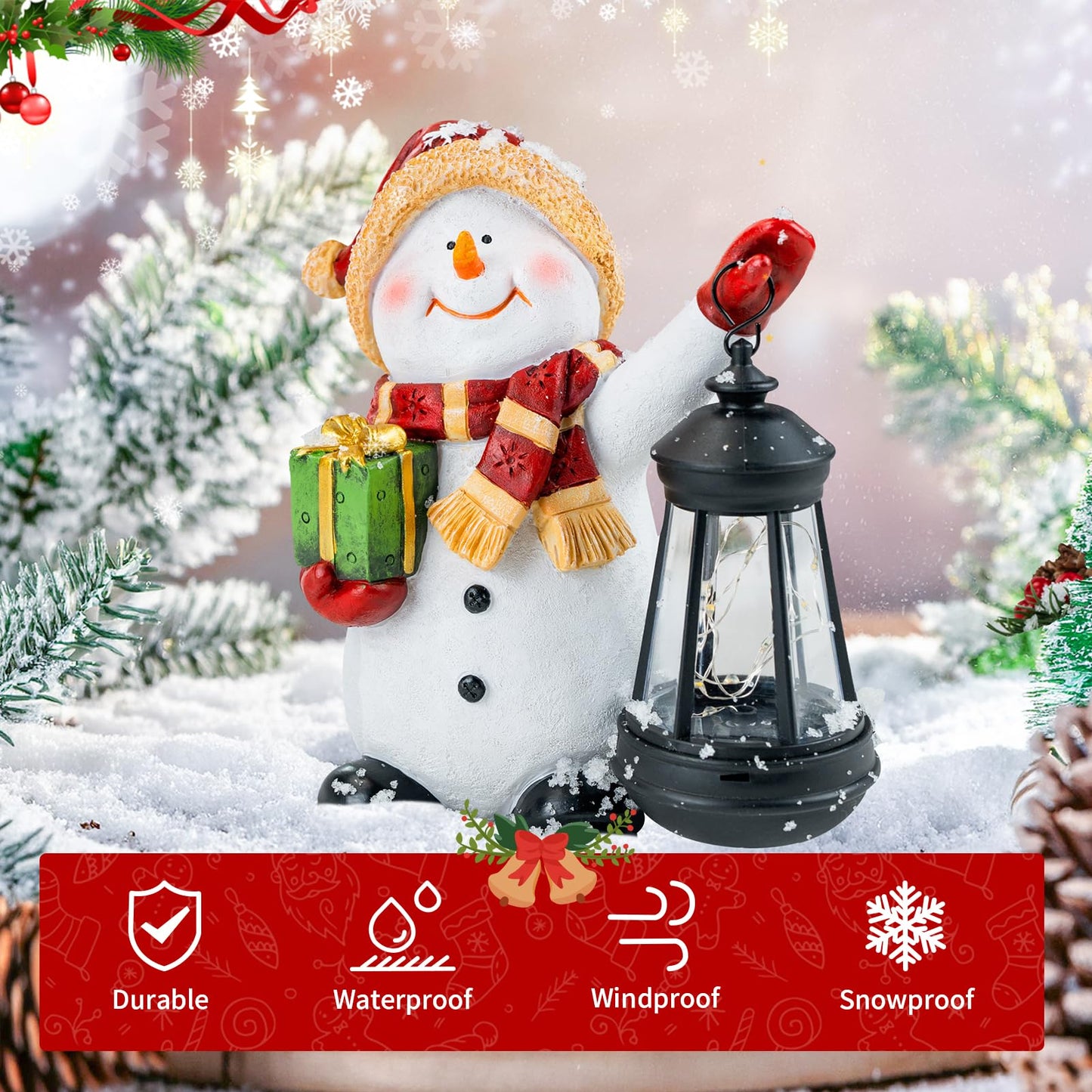 WONDHOME Solar Christmas Snowman Decoration Resin Snowman Outdoor Statue with LED Lantern for Porch Garden Patio Yard Home Decor Christmas Gardening Gifts for Women Mom