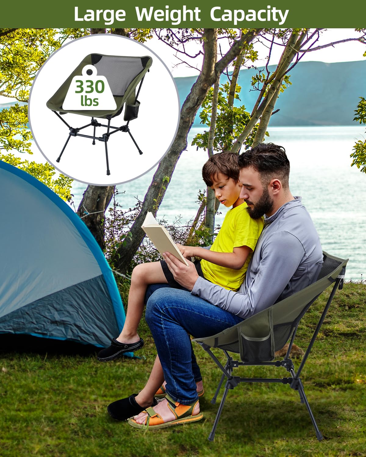 Sportneer Camping Chairs, Lightweight Outdoor Chairs with 2 Side Pockets & Storage Bag, Foldable & Portable Lawn Chairs for Camping Hiking Lawn Picnic Beach Outdoor Travel (2, Green)