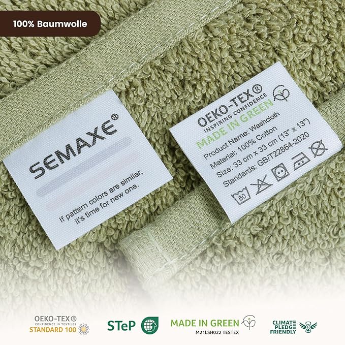 SEMAXE 100% Cotton Washcloths 12-Pack, 13 × 13 Inch Soft Luxury Face Towels –