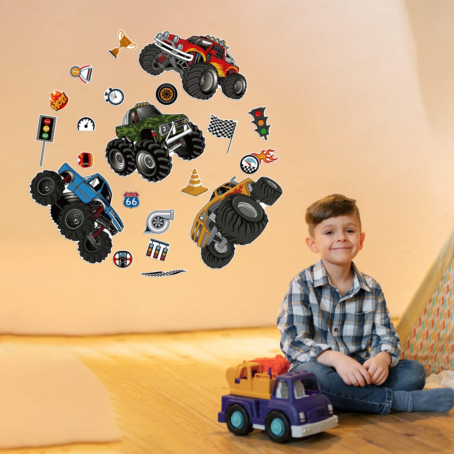 Glow in The Dark Racing Car Wall Stickers, Truck Kids Bedrooms Wall Decals, Racing Theme Big Foot Truck Ceiling Decor, Nursery Classroom Playroom Home Decor Gifts