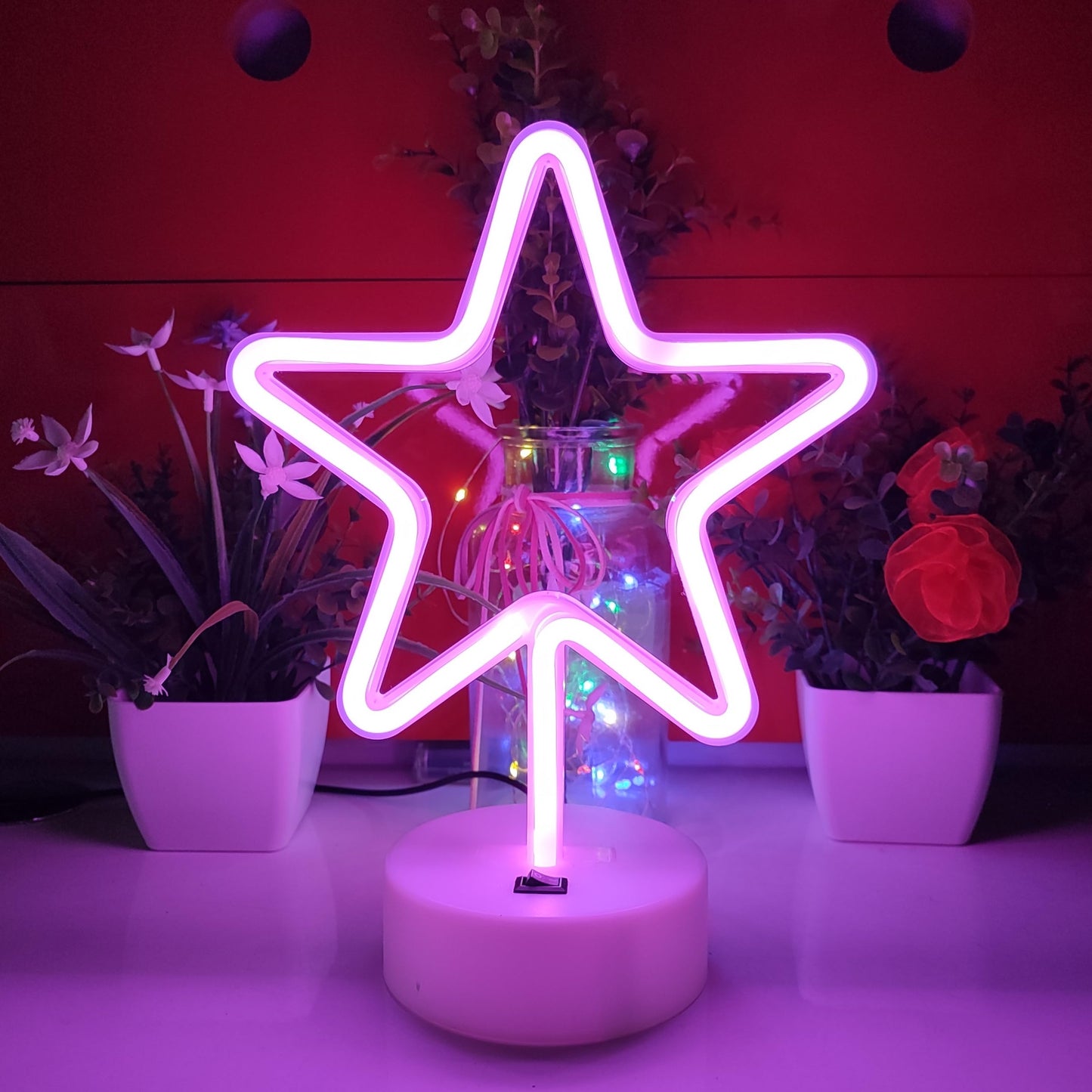JYWJ Star Neon Signs with Holder Base,USB or 3-AA Battery Powered Neon Light,LED Desktop Wall Decoration,Various Parties,Decoration of Business Premises(Pink)