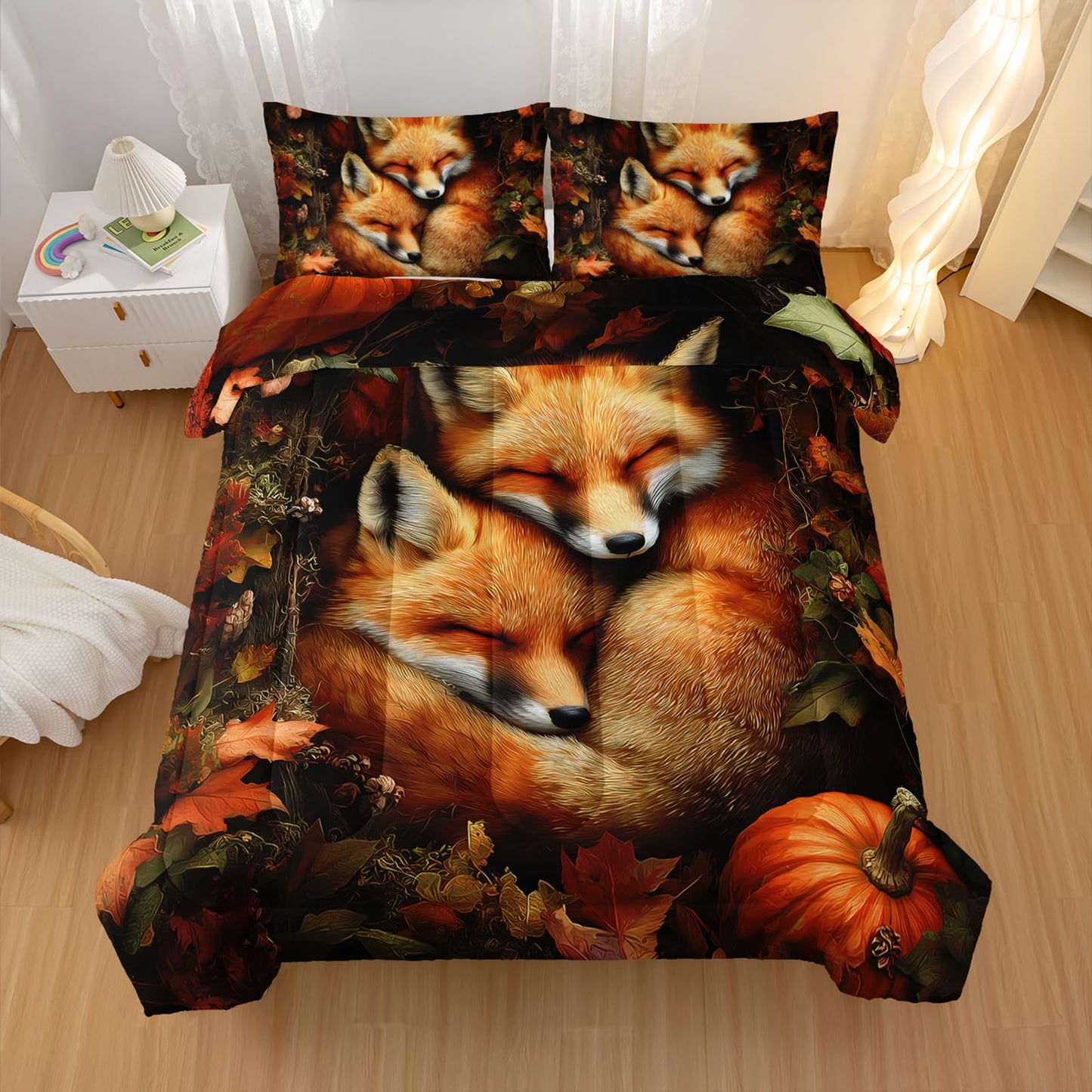 Nttopship Fox Comforter Set 3-Pieces Twin Size,Cute Foxes Bedding Set for Kids Boys Girls Cute Animal Comforter Wildlife Quilt Set 3D Animal Plants Leaves Printed ThemeComforter with 2 Pillowcases