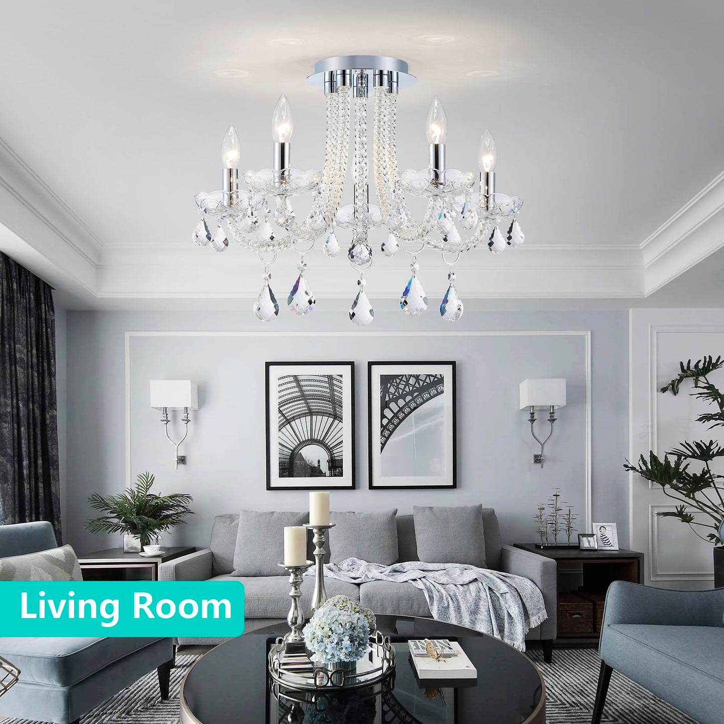 GlowEasely French K9 Crystal Maria Theresa Candle Chandelier, Luxury Vintage Pendant Light Fixture for Dining Room, Living Room, 5 Lights, D22.4*H15.7 inch, Clear Crystal & Chrome Finish Frame