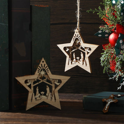 Blulu 24 Pieces Christmas Nativity Scene Ornaments Gift Set Bulk 3D Christian Wooden Hanging Ornament Xmas Tree Nativity Ornament The Birth of Jesus Story Religious Gift for Family (Star Shaped)