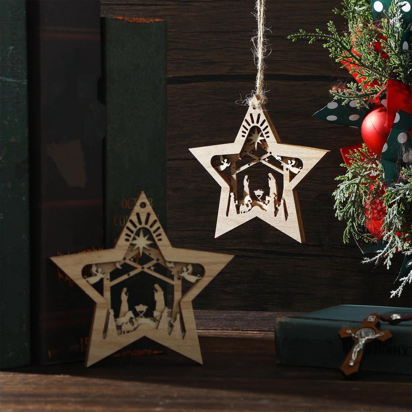 Blulu 24 Pieces Christmas Nativity Scene Ornaments Gift Set Bulk 3D Christian Wooden Hanging Ornament Xmas Tree Nativity Ornament The Birth of Jesus Story Religious Gift for Family (Star Shaped)