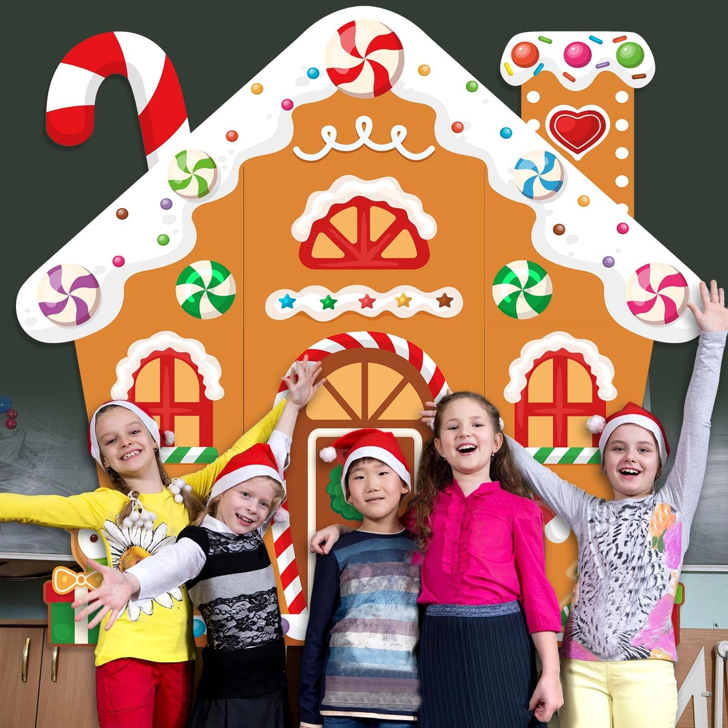 WovWeave 4 Pcs Christmas Gingerbread House Door Decorations Candy Cane Wreath Snowman Christmas Tree Gingerbread House Porch Banners for Holiday Classroom School Office Wall Display(Brown)