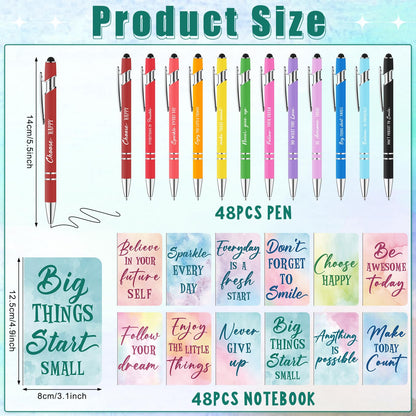 96 Pcs Watercolor Bulk Motivational Pens Inspirational Notepads Set, Pocket Motivational Quote Notebooks Ballpoint Pens, Mini Journals Gift Set for Kids Students Teachers School Office Prizes Supplies