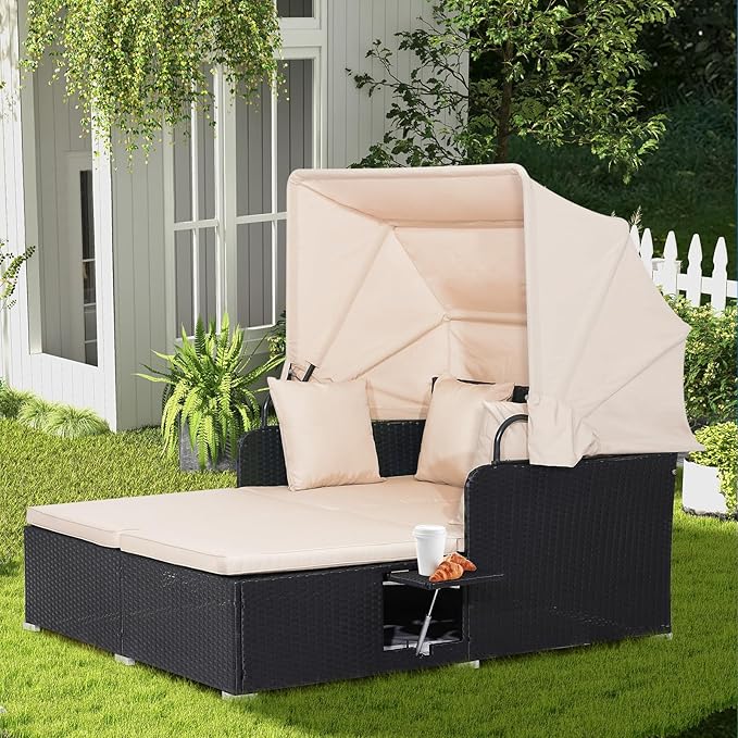 COSTWAY Outdoor Daybed with Retractable Canopy, Patio Rattan Daybed with