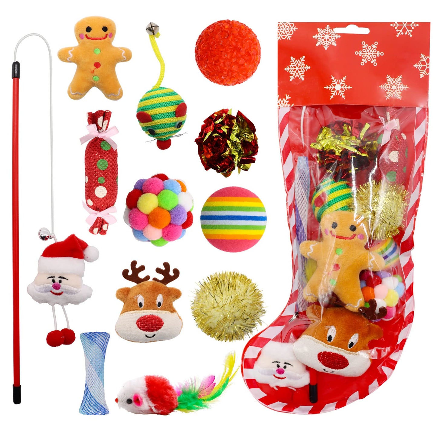 Yeghujar Christmas Stocking Cat Toys, 12PCS Xmas Cat Toy Set with Mouse, Squeaky Toys, Balls, Cat Teaser, Indoor Interactive Cat Gift
