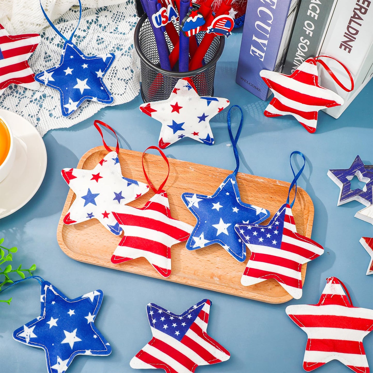 Whaline 16 Pcs Patriotic Felt Ornaments 4th of July Decoration Red Blue Star American Flag Hanging Ornaments for 250th Anniversary Independence Day Party Tree Decor DIY Crafts Supplies