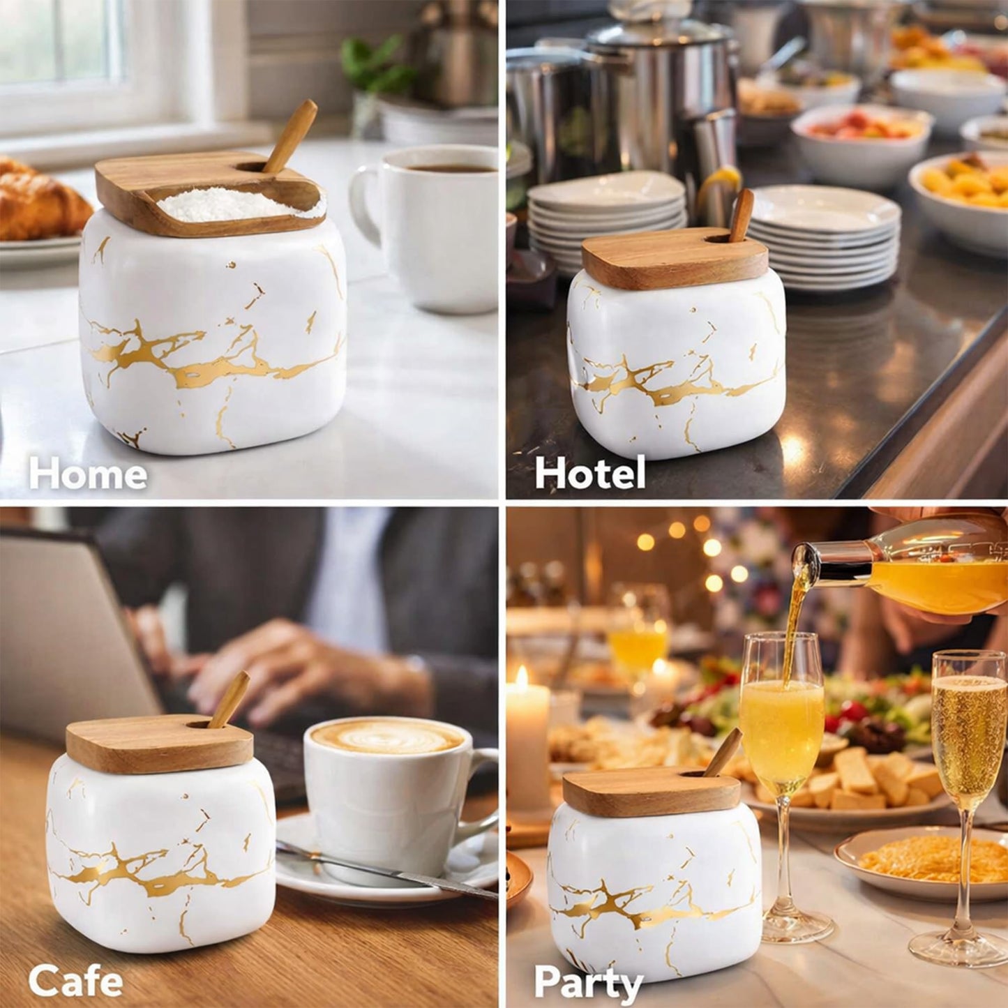 JFFLYIT Marble Ceramics Sugar Bowl Ceramic Seasoning Box Ceramic Spice Jars Porcelain Condiment Pots with Lid and Spoon (White)