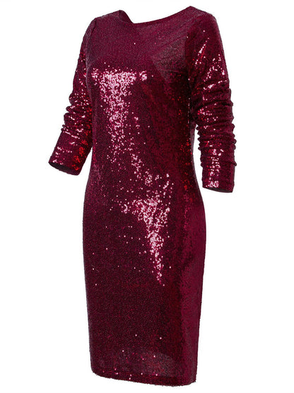Vijiv Women's Long Sleeve Sequin Bodycon Cocktail Party Club Evening Mini Dress V Neck Red