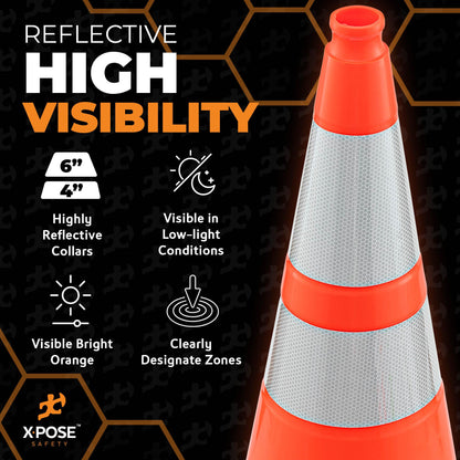 Xpose Safety 28" Orange Traffic Cones, 24-Pack, 6" & 4" Collar – PVC Safety Cones for Parking, Soccer, Construction & Kids – Custom Stenciling Available