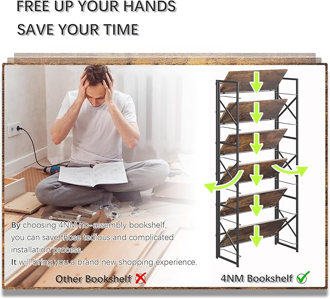 4NM 6 Tiers No Assembly Book Shelves, 61.8" H Folding Bookshelf Bookcase Open