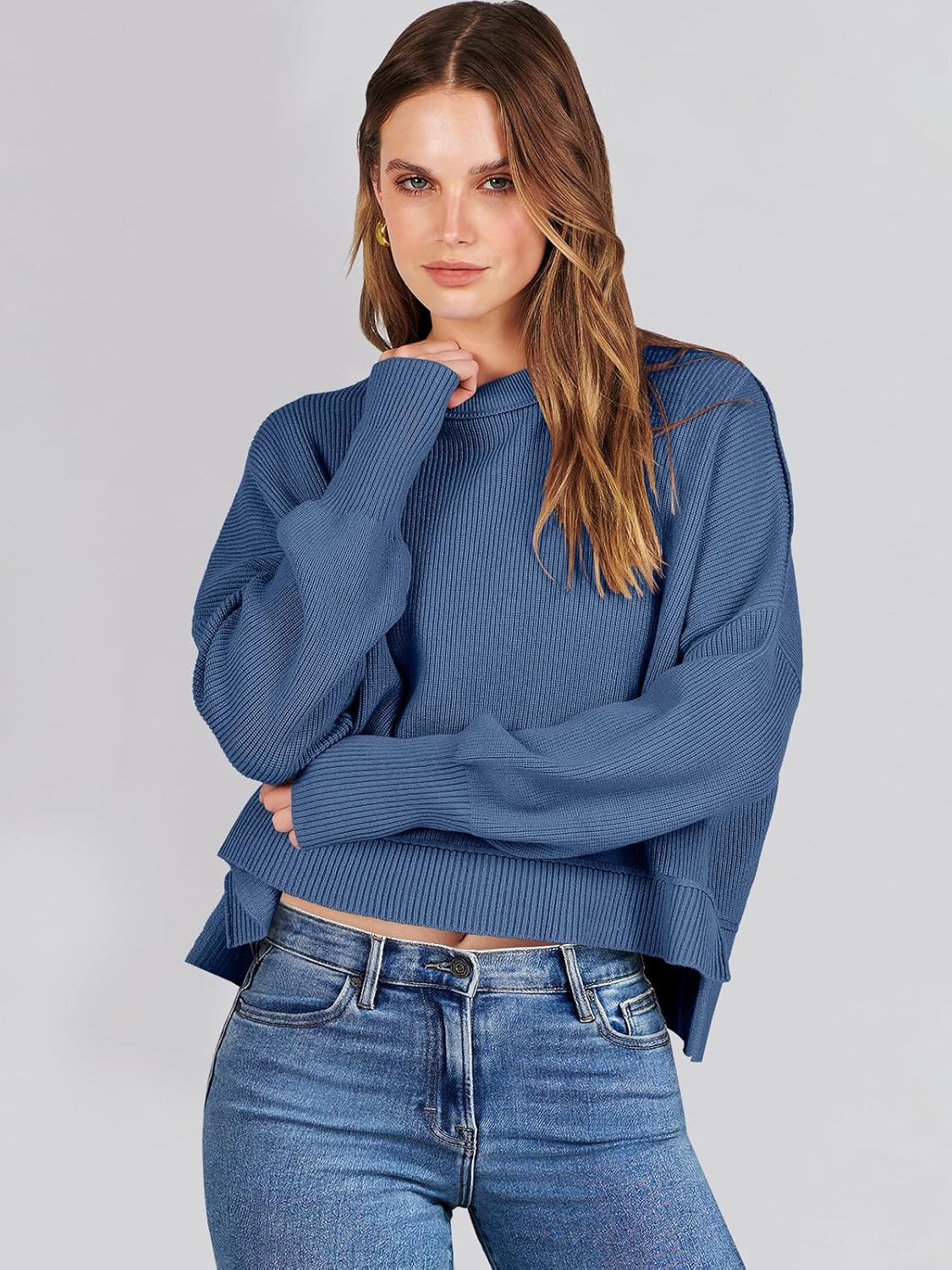 ANRABESS Womens Cropped Sweaters Oversized Crewneck Long Batwing Sleeve Side Slit Ribbed Knit Pullover Tops 2025 Fall Clothes