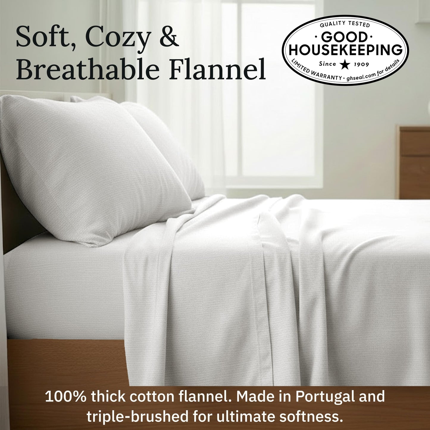California Design Den Yarn Dyed Flannel King Sheets Deep Pocket Set with Extra Depth - Made in Portugal, 4-Piece 100% Cotton Flannel Sheets, Thick, Velvet Soft, Triple-Brushed - Cream Stripe