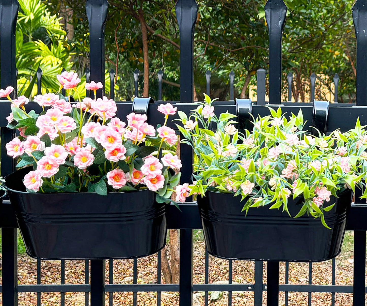 Joyfernal 8 Pack Metal Hanging Planter for Outdoor Plants, 10 Inch Black Fence Planters Railing Pots for Garden Patio Balcony Decor, Flower Bucket with Detachable Hooks (Black, 8Pcs)