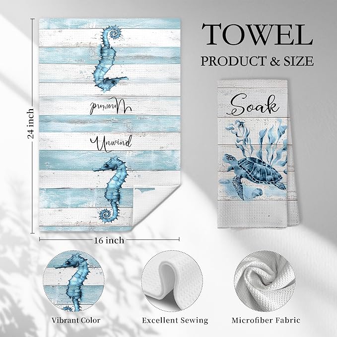 Rustic Coastal Beach Hand Towels, Sea Horse Jellyfish Turtle Starfish Unwind