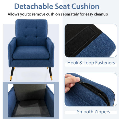Giantex Modern Mid-Century Accent Chair - Upholstered Armchair with Tufted Back, Metal Legs, Adjustable Foot Pads, Linen Fabric Single Sofa Chair for Reading, Living Room Chair for Bedroom, Blue