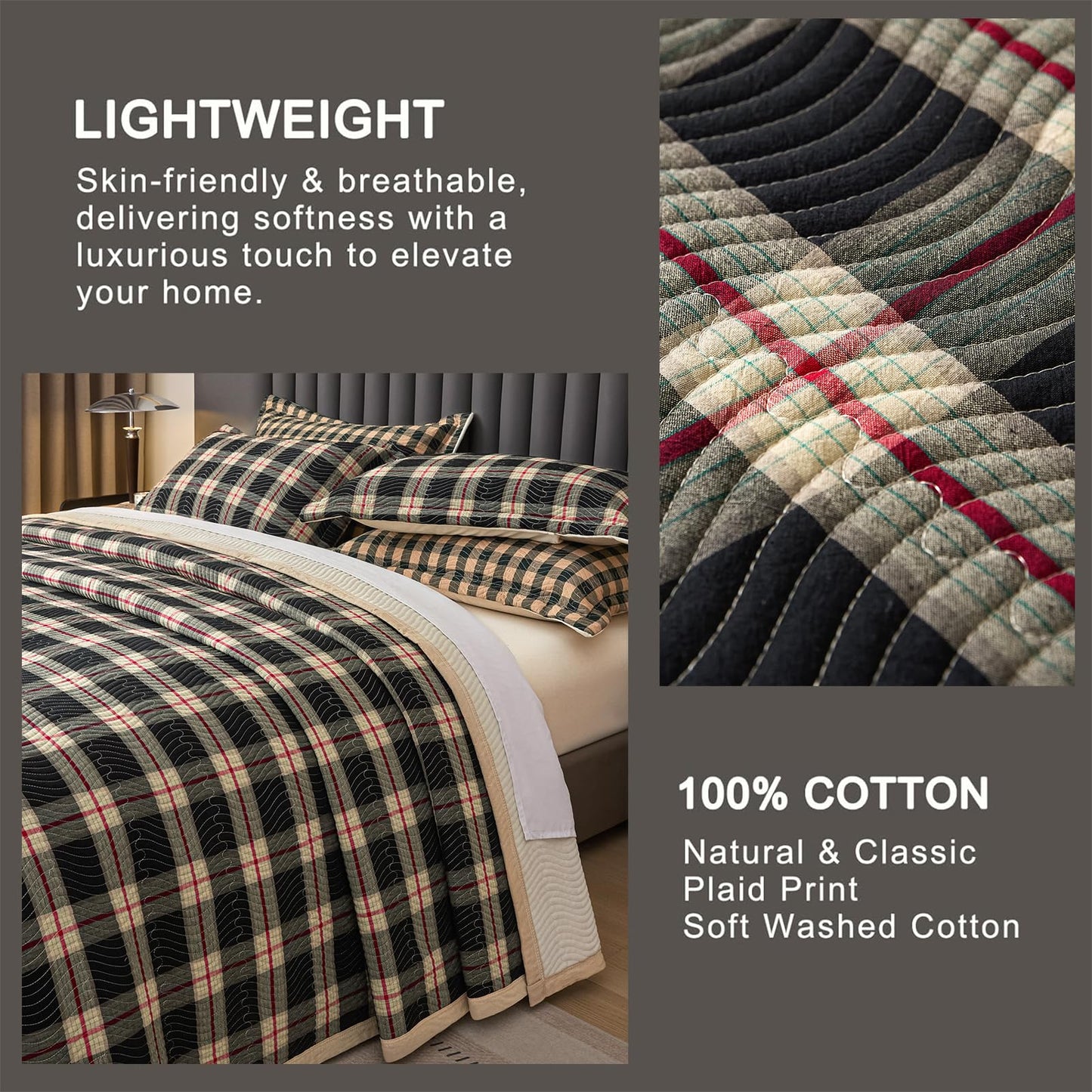 tohrisa Cotton Plaid Quilt Set, Ultra Soft 3 Pieces Queen Size Bedding with 2 Pillow Shams, Lightweight Reversible Coverlet Bedspread with Wave Quilting for Summer, 90"x96", Grid- Black Red
