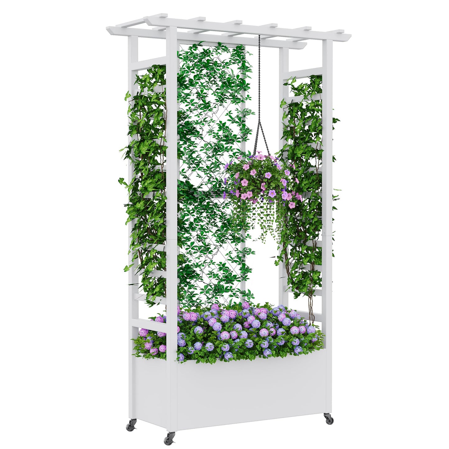 Sunnibety Raised Garden Bed with Trellis & Hanging Roof, Weatherproof Metal Planter Box with Wheels, Garden Arch Trellis for Outdoor Climbing Plants Vines Flowers, 74" H x 44" L x 17" W, White