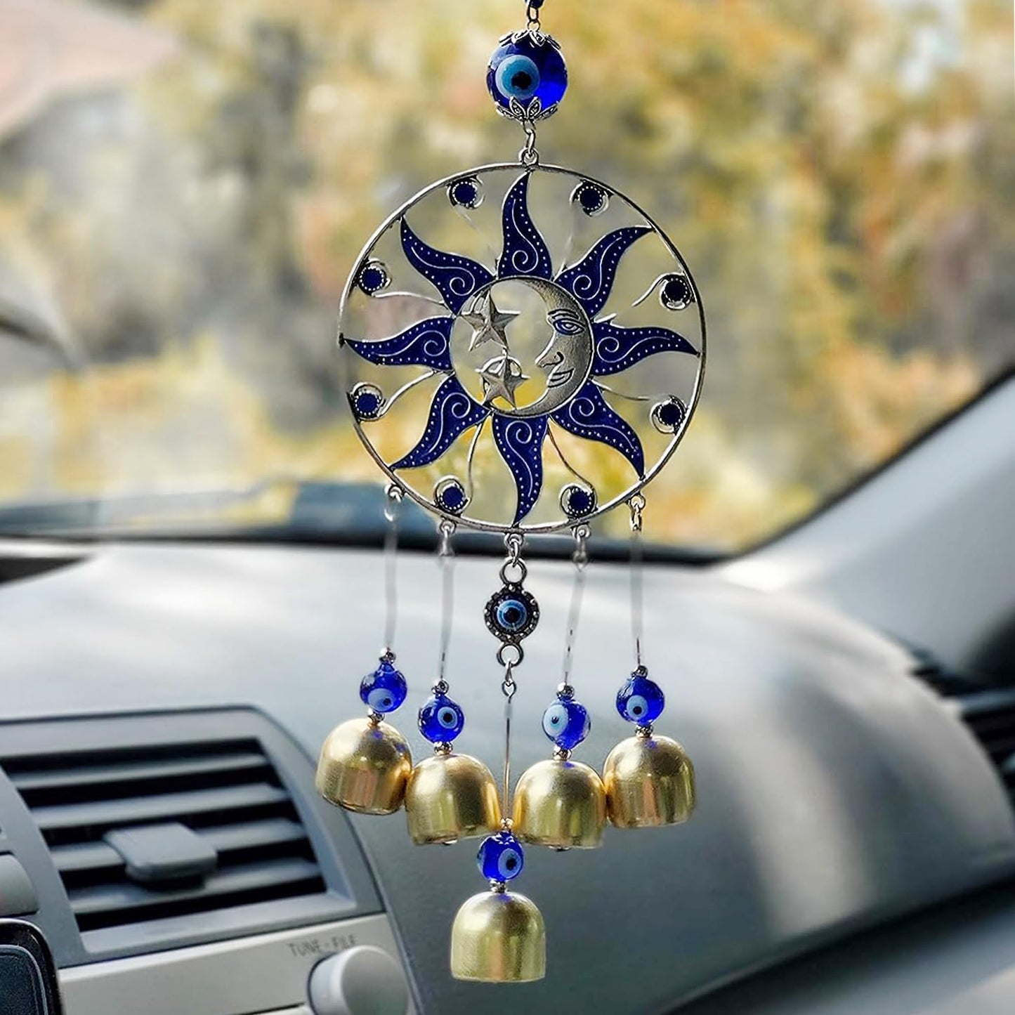 LUCKBOOSTIUM Sun, Moon & Star Ornament with Hanging Evil Eye and Bell - Protection, Blessing & Strength for Car Rear View Mirror, Home, Office Decor - Evil Eye Charm, Bell Car Mirror Hanging