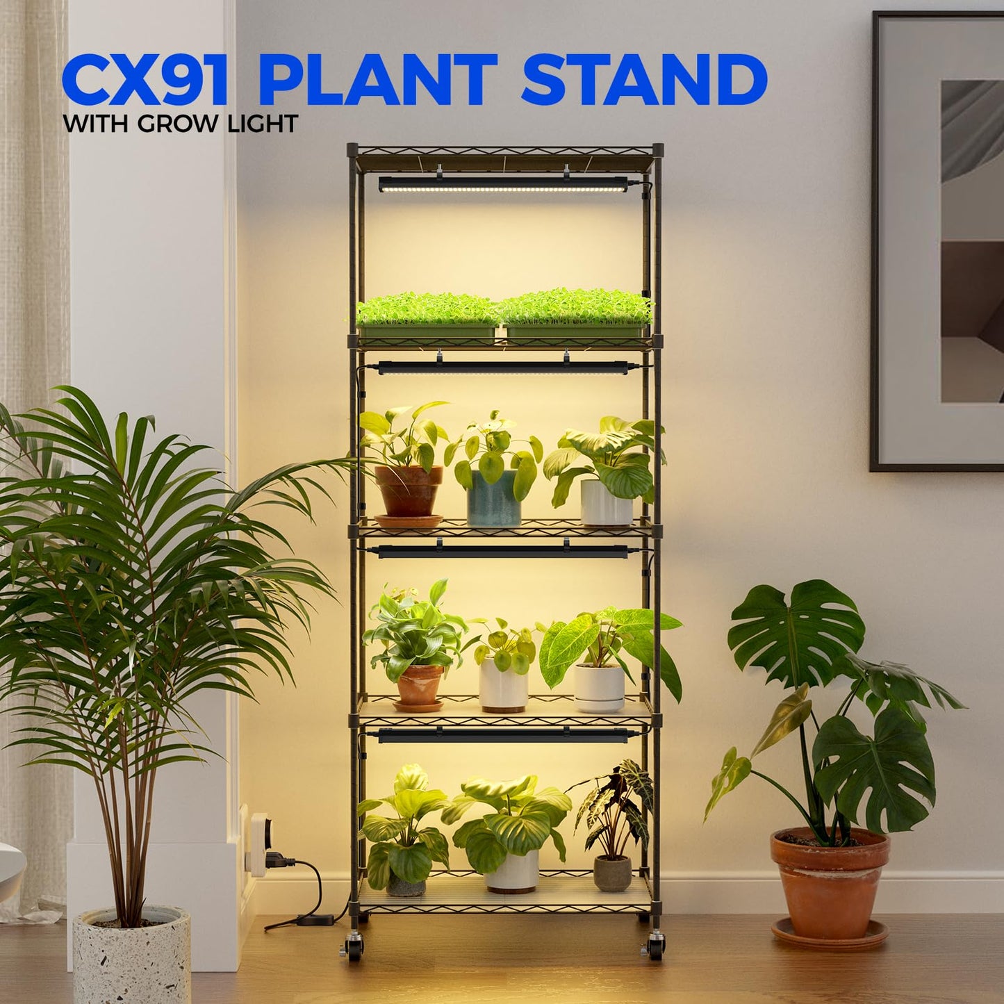 CX91 5-Tier Plant Stand with Grow Lights for Indoor Plants, Metal Plant Shelf Display Rack with 1.6FT 25W(Per Light) Full Spectrum Plant Lights for Indoor, Balcony, Living Room, 23.6x13.8x59IN