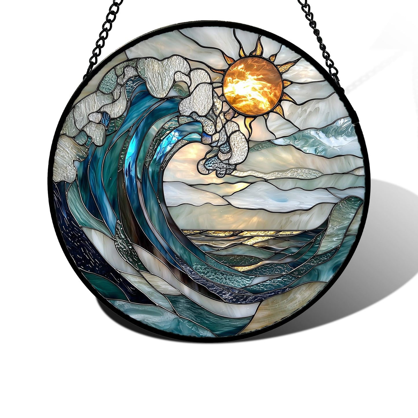 DASTOLL Stained Glass Window Hanging, Blue and White Waves Suncatcher Diamond Glass Panel Landscape Sun Catchers Decor for Birthday for Women, Men, Wife, Aunt, and Mom 9.8 in
