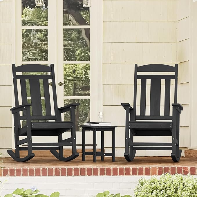 LUE BONA Outdoor Rocking Chairs Set, 3-Piece, HDPS Poly Porch Rockers with Table, Plastic Weather Resistant Rocking Chair Set for Outdoor Indoor, Garden, Backyard, 350lb, Black Chairs+Table