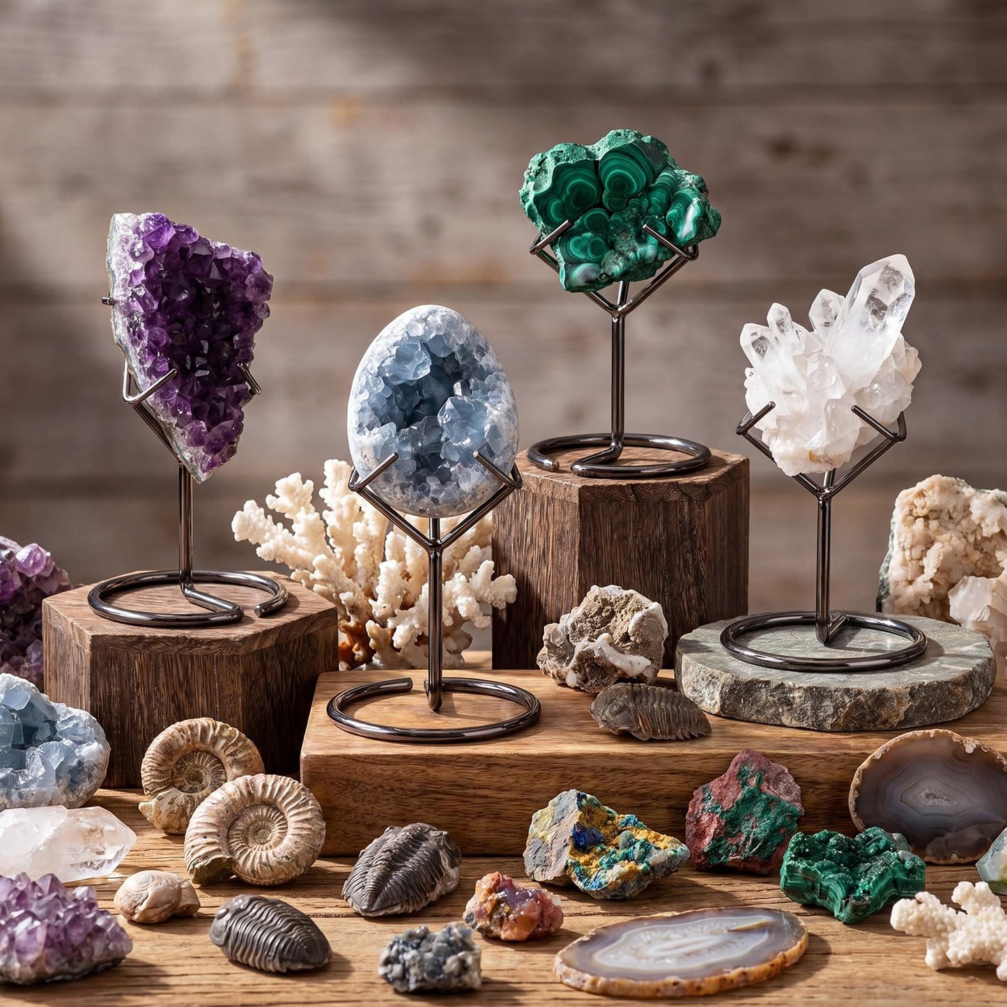 ElaraBerry 4 Pcs Rock Display Stand, Metal Black Crystal Display Holder Small Crystal Ball Holders for Small Gemstones Mineral Agate Home Office Decor