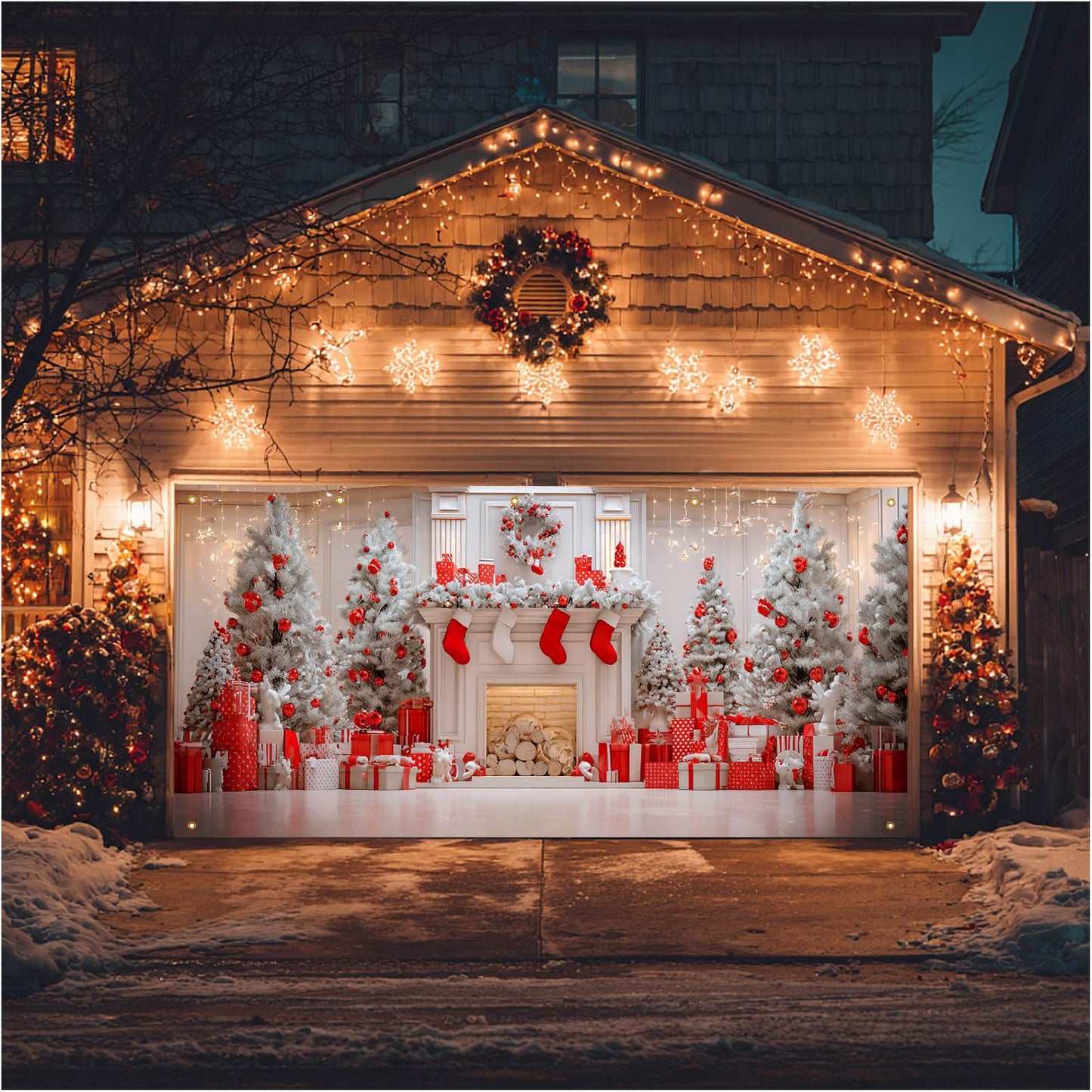 HOMETITUTE Christmas Garage Door Banner 13x6ft Red and White Fireplace Backdrop with Xmas Tree Stockings Gift Boxesand Lights Holiday Yard Wall Setting for Outdoor Party Setting Settingation