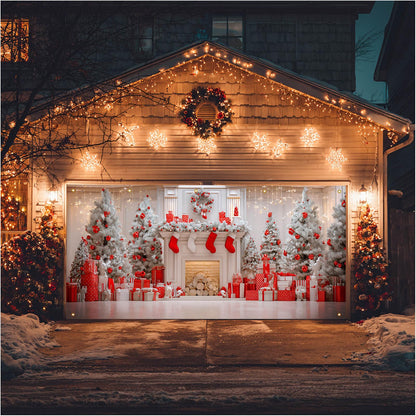 HOMETITUTE Christmas Garage Door Banner 13x6ft Red and White Fireplace Backdrop with Xmas Tree Stockings Gift Boxesand Lights Holiday Yard Wall Setting for Outdoor Party Setting Settingation