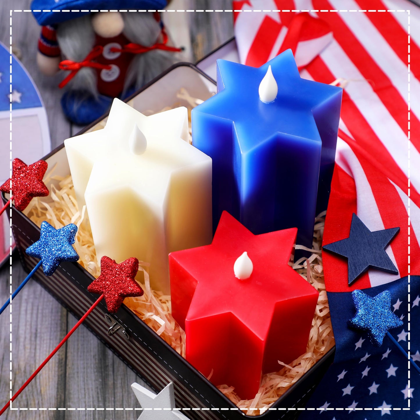LCZLUMIPRO 3 Pack Star Shaped 4th of July Flameless Candles, Red White and Blue Patriotic Battery Operated LED Candles, Decorative Pillar Candles for Independence Day Home Party Decor