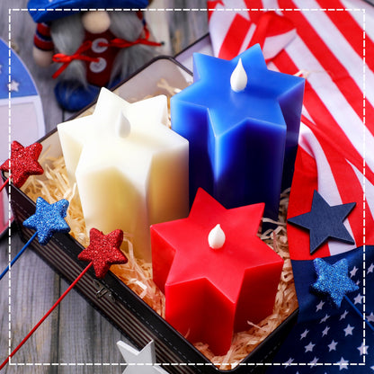LCZLUMIPRO 3 Pack Star Shaped 4th of July Flameless Candles, Red White and Blue Patriotic Battery Operated LED Candles, Decorative Pillar Candles for Independence Day Home Party Decor