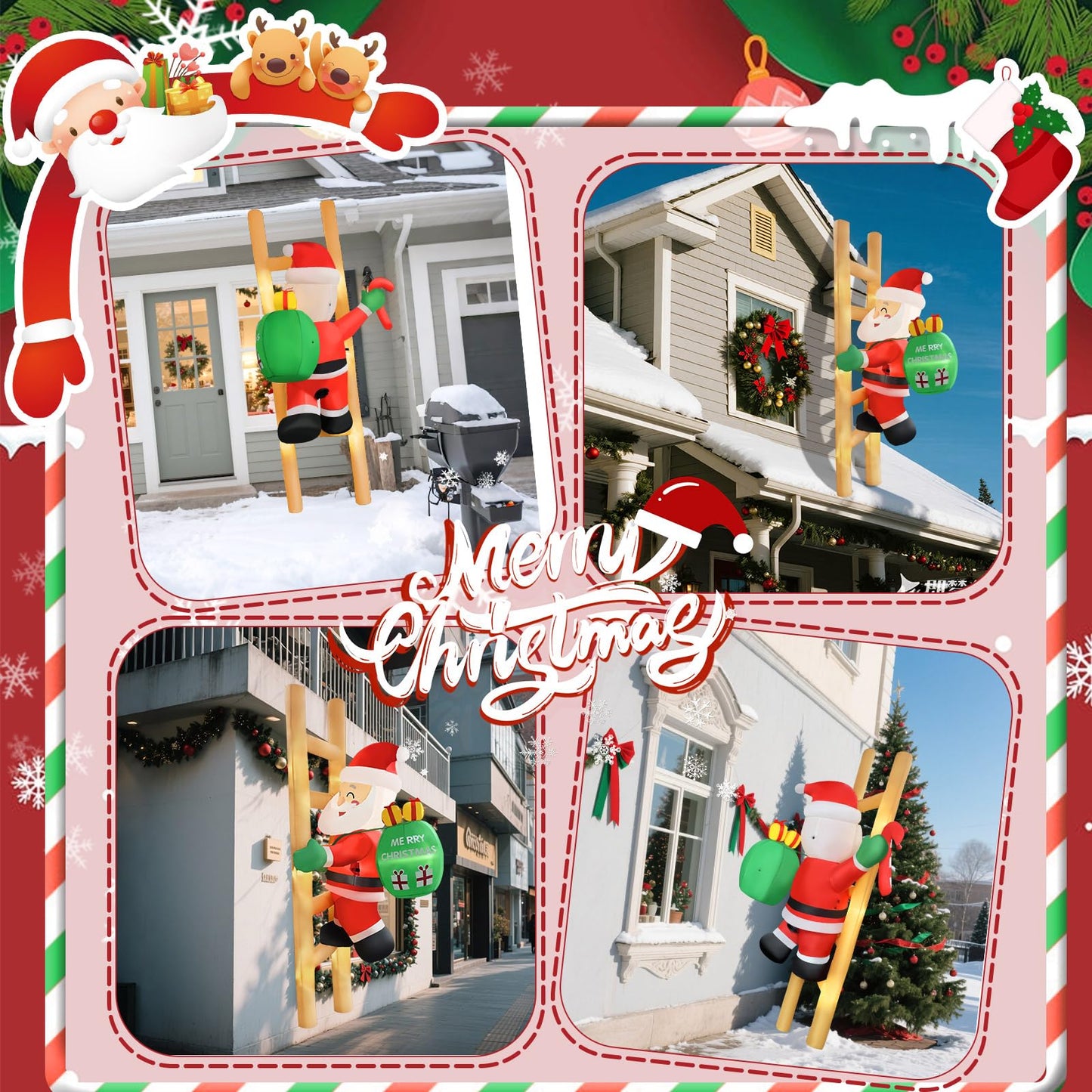 8FT Hanging Christmas Inflatable Santa 8FT Santa Claus Climbing Ladder Inflatables Christmas Outdoor Decoration Xmas Santa Blow Up Decor with Built-in 9 LEDs for Yard Garden Lawn(with Storage Bag)