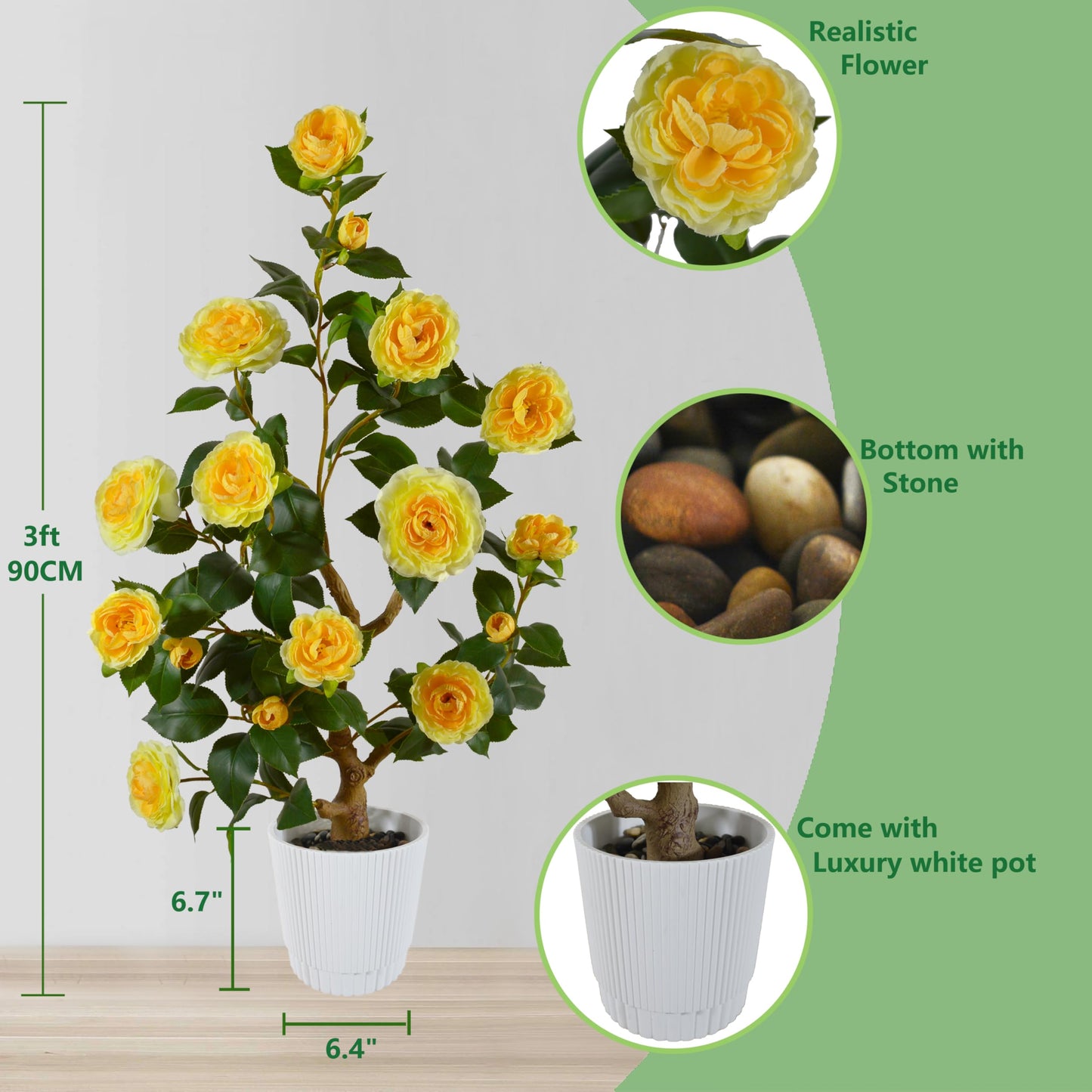 Warmplants Artificial Camellia Tree 3ft, Fake Plant in White Pot, Faux Camellia Silk Flower Potted Tree for Indoor Outdoor Home Livingroom Office Decor (Yellow)