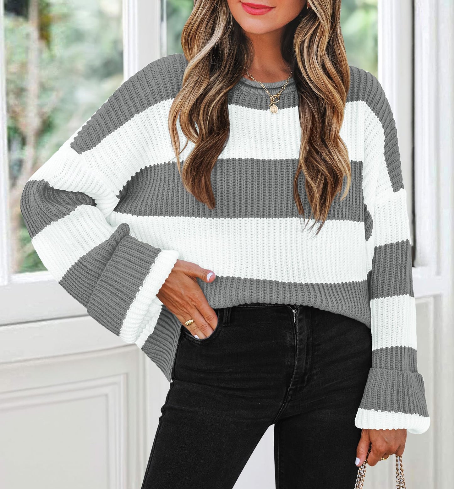 ZESICA Women's 2025 Fall Long Sleeve Oversized Striped Color Block Comfy Loose Crew Neck Knitted Pullover Sweater