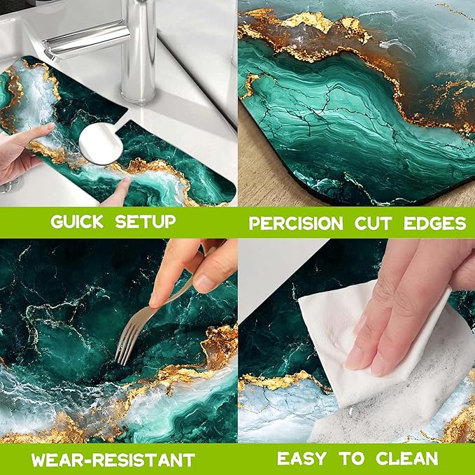 Emerald and Gold Marble Texture Kitchen Sink Splash Guard Faucet Mat Super