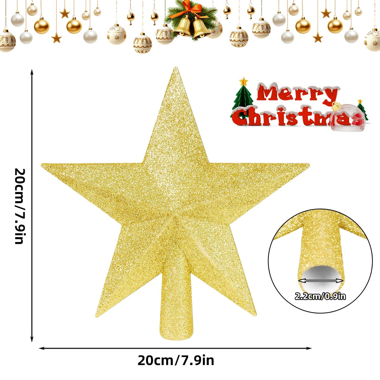 DERAYEE Christmas Tree Topper, 7.9 Inch Gold Christmas Tree Star Tree Topper Glitter Xmas Tree Top Star for Christmas Tree Decoration
