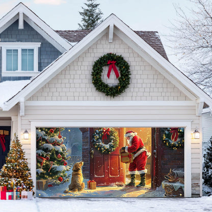 HOMETITUTE Christmas Garage Door Banner 13x6ft Santa with Dogs Gift Scene Holiday Porch Backdrop Red Green Warm Glow Winter Snow Party Decoration Indoor Outdoor Seasonal TreeWall