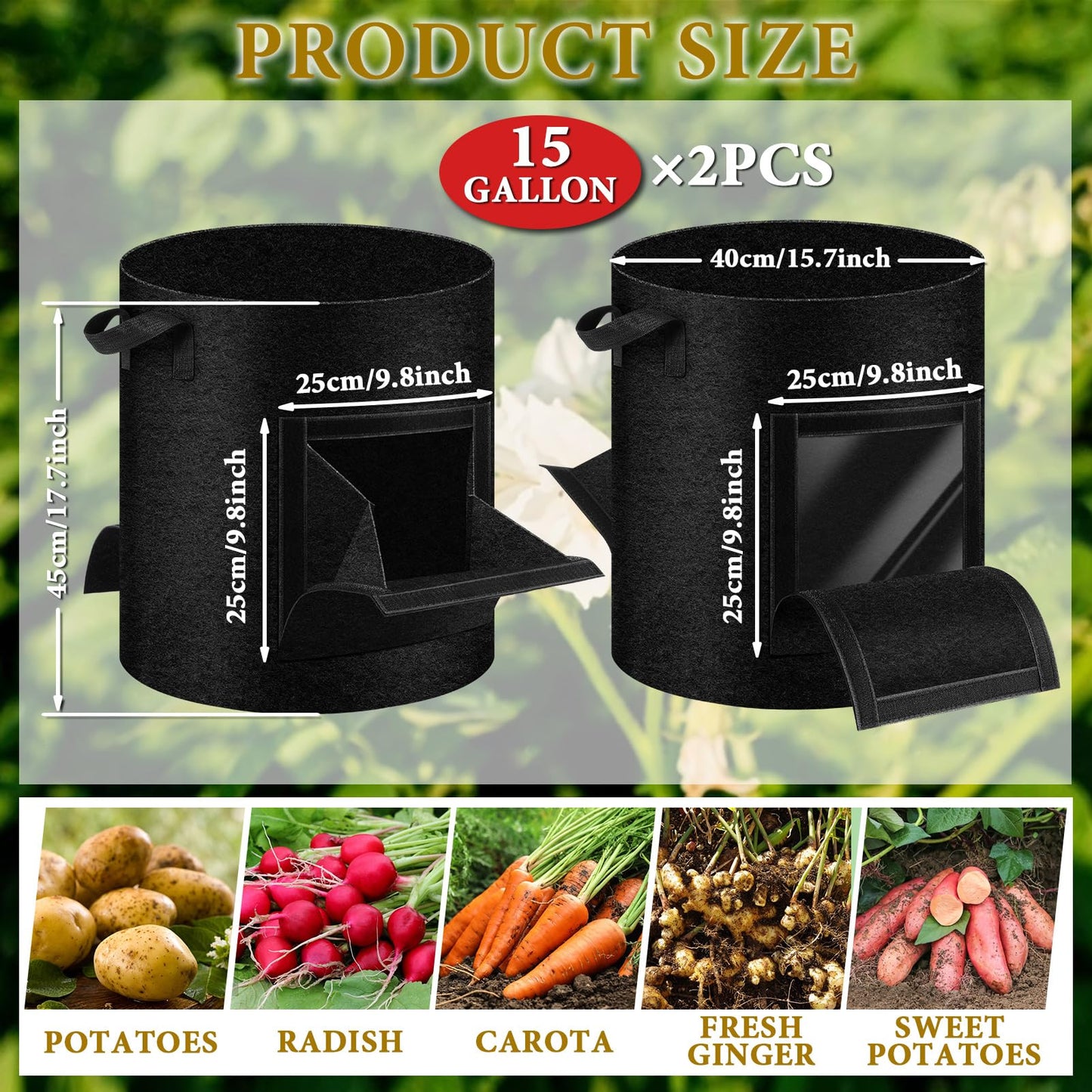 UJG 2 Pack 15 Gallon Potato Grow Bags with Pull-Down Harvest Window, Potato Bags for Growing Potatoes Heavy Duty Thickened Nonwoven Fabric Gardening Vegetable Growing Bags with Visible Window