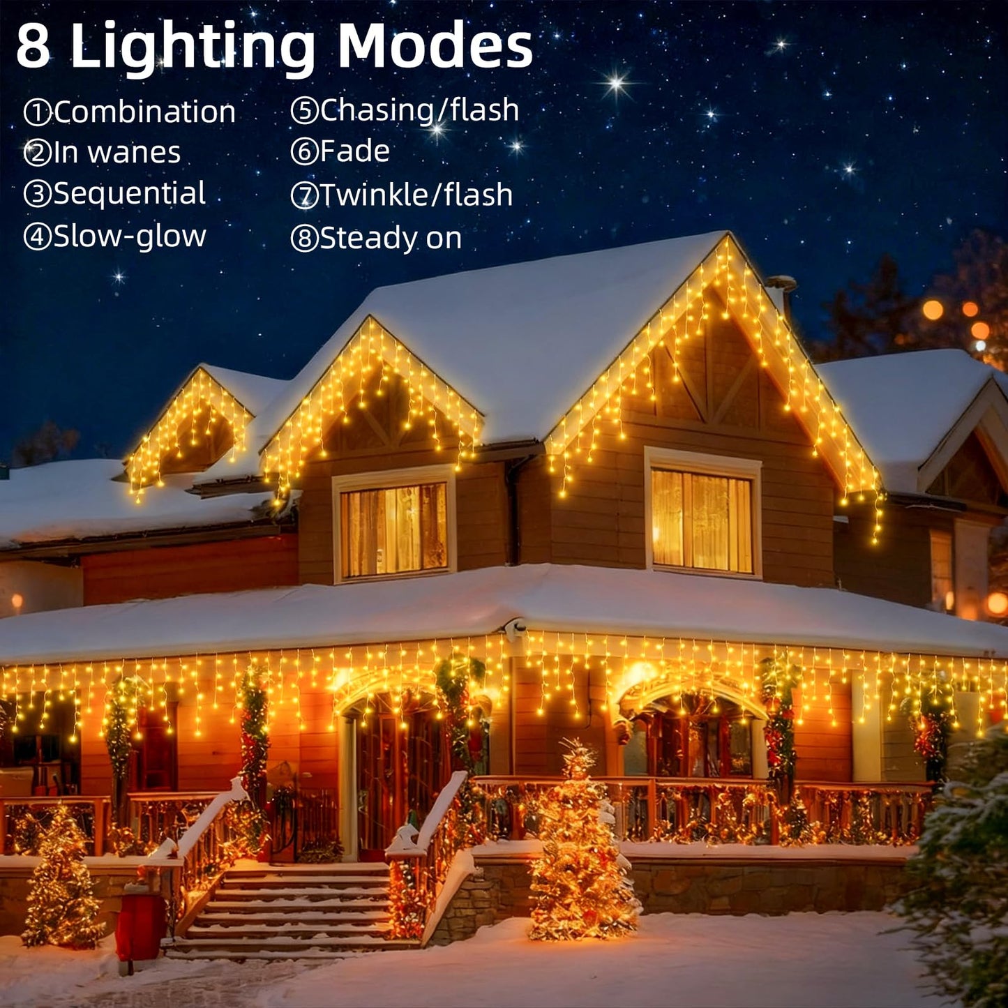 BYIZO Christmas Outdoor Icicle Lights - 200 LED 21+16 FT 8 Modes Curtain Fairy String Light Plug in, Waterproof for Eaves Yard Holiday Xmas Holiday Indoor Outdoor Decoration - Warm White