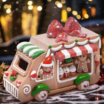 Hodao Gingerbread Sweets Truck Figurine – Resin Christmas Decorations for Home, Indoor Tabletop Decor, Candy & Cupcake Details, Cute Holiday Ornaments, Mini Collectible Gift for Families